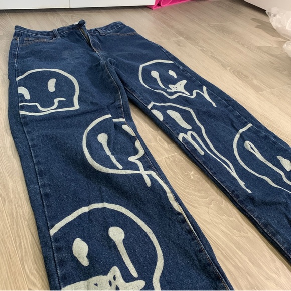 COPY - Shein Denim straight-leg jeans dark blue retro patterns - Picture 2 of 7